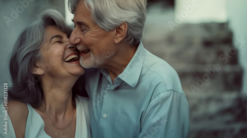 An elderly man and woman are joyfully laughing together in a heartwarming moment of shared happiness.