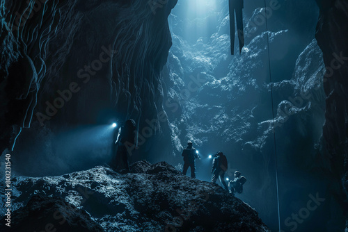 Group spelunking in deep dark caverns photo