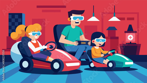 A mother and father race against their children in a virtual reality gokart game their living room doubling as a customizable race track.. Vector illustration