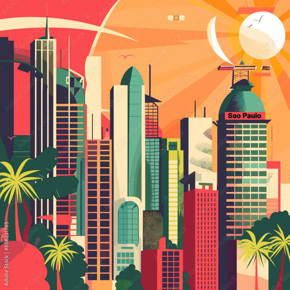 City landscape with skyscrapers, palm trees and buildings. Vector illustration City landscape with skyscrapers, palm trees and buildings. Vector illustration