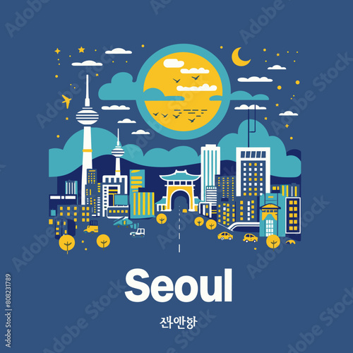 Seoul city skyline in flat design style. Seoul is the capital of South Korea.