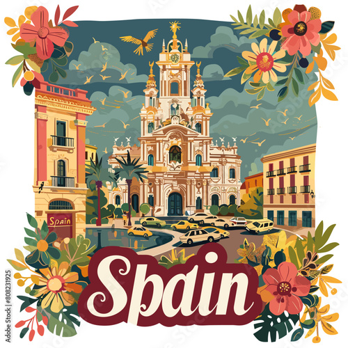 Spain travel poster. Vector illustration of Spain cityscape with colorful buildings and flowers.