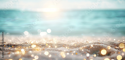 Serene beach sands under a light blue sky with magical bokeh lights.