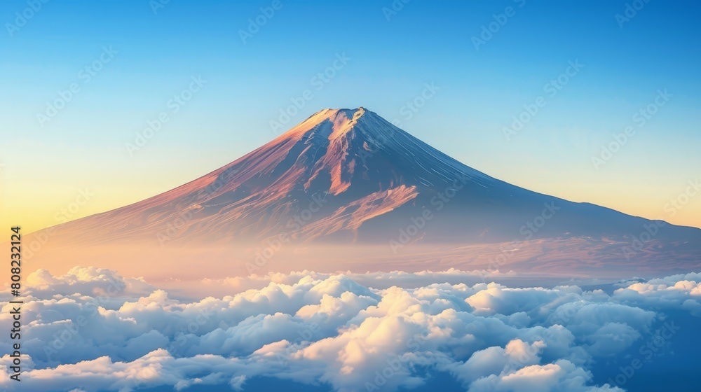   A mountain's peak juts above cloud cover, bathed in sunlight