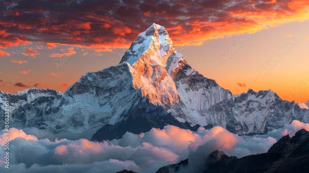   A panoramic shot of a mountain peak, veiled in clouds beneath, transitions to a red and yellow sunlit sky