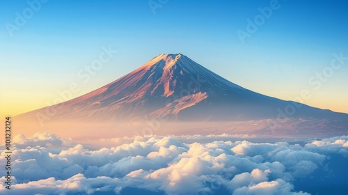   A mountain's peak juts above cloud cover, bathed in sunlight