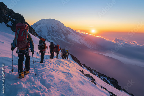 Adventurers reaching the snowy peak during a mountain expedition © Damian