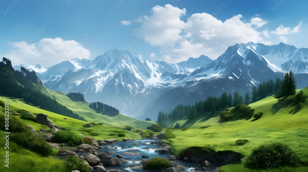 Mountain landscape with river and meadow panoramic view.