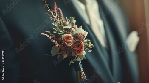 A man in a sharp suit proudly wears a boutonniere on his lapel photo