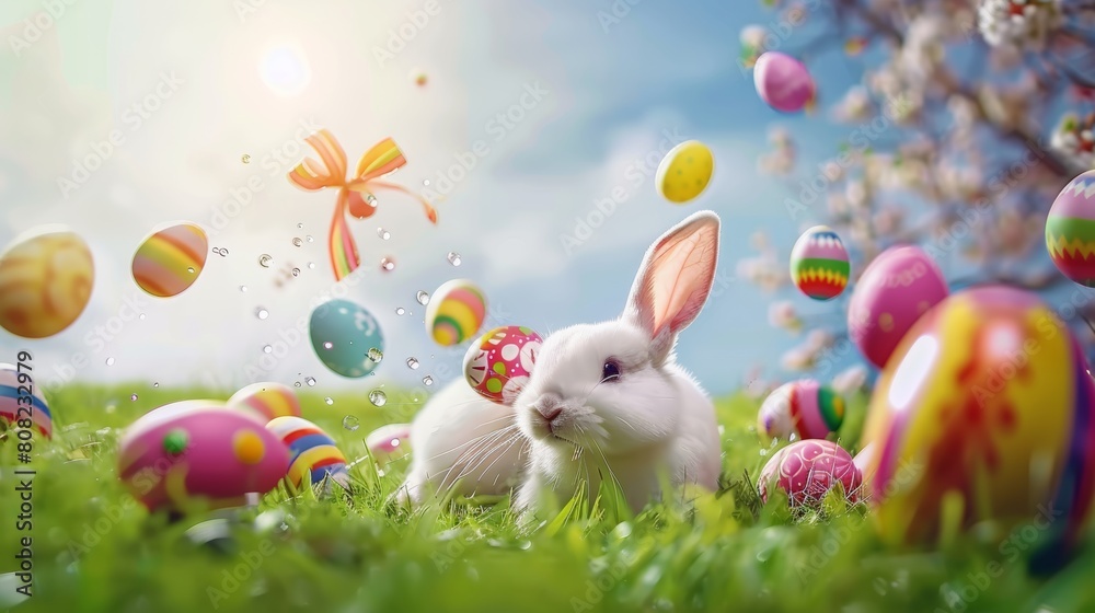Cute white easter bunny catching flying eggs in fresh spring grass with glistening dew Cute white easter bunny catching flying eggs in fresh spring grass with glistening dew