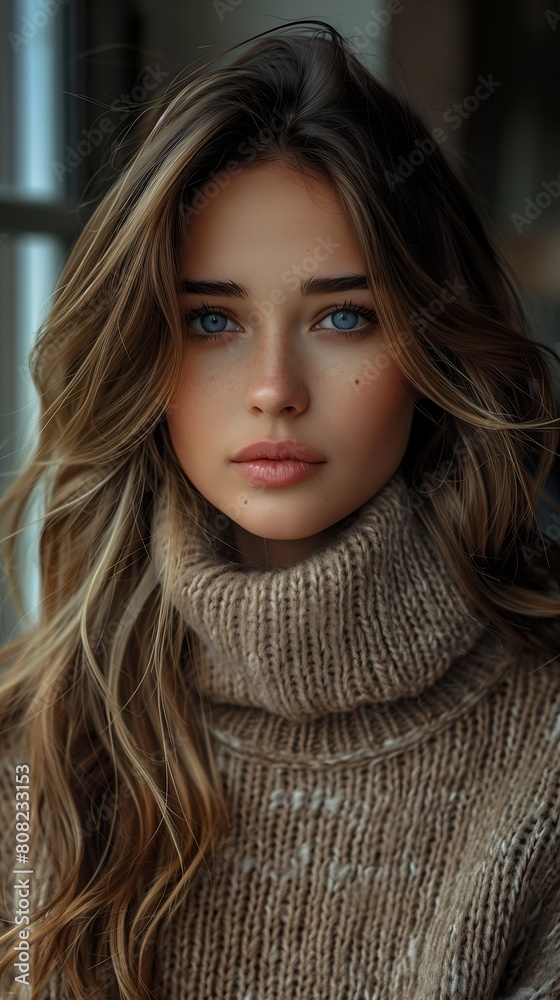 Naklejka premium closeup woman long hair wearing turtleneck sweater alluring lips blue eyes amazing blend effect body face olive skin city winter time dating