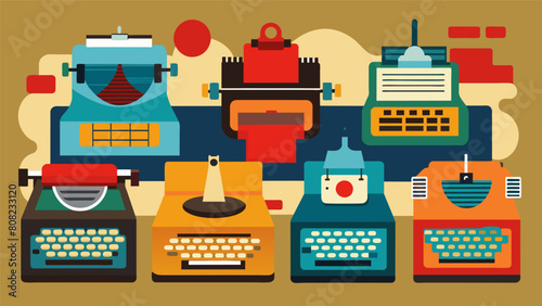 A typewriter collection with each model representing a different country showcasing the universality of storytelling and the power of the written. Vector illustration