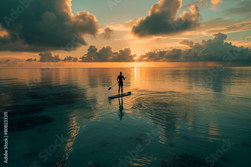 Paddle boarder crossing a tranquil mountain lake photo