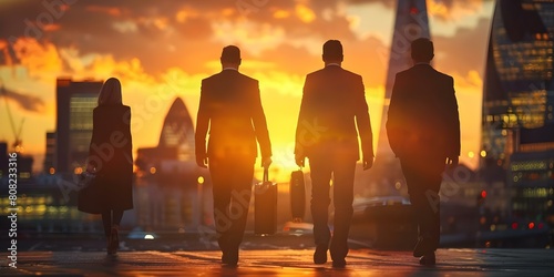 Executives in formal attire carrying briefcases walking in the city after office hours. Concept Cityscape, Business Executives, Office Attire, Briefcases, After Hours