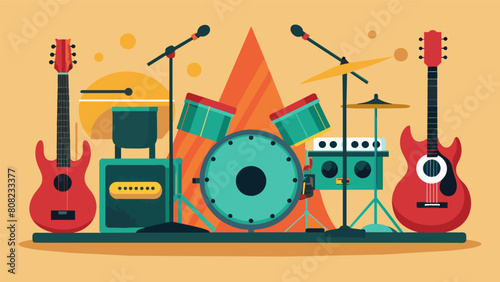 The studio is filled with an eclectic mix of instruments from a vintage drum set to a rare sitar all ready to be incorporated into new music. Vector illustration