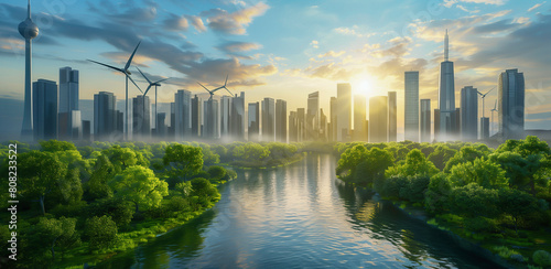 Innovative city that is mix of a developed city with nature and and use renewable energy sources and clean energy from wind turbines to power the metropolis sustainably.