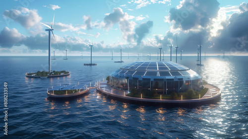 A futuristic vision and Innovative of a offshore platform, combining wind turbines with solar panels, renewable energy sources and clean energy sustainably. 