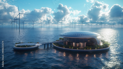 A futuristic vision and Innovative of a offshore platform, combining wind turbines with solar panels, renewable energy sources and clean energy. 