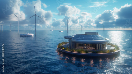 A futuristic vision and Innovative of a offshore platform, combining wind turbines with solar panels, renewable energy sources and clean energy sustainably.
