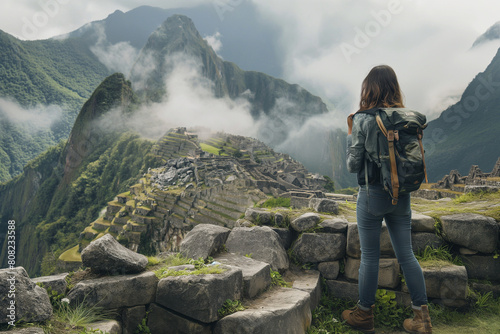 Female adventurer at the Machu Picchu archaeological site photo