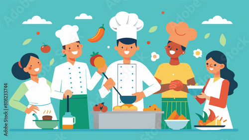 A group of amateur chefs cooking up innovative and unconventional dishes in a cooking competition beat out professional chefs with Michelinstarred. Vector illustration photo
