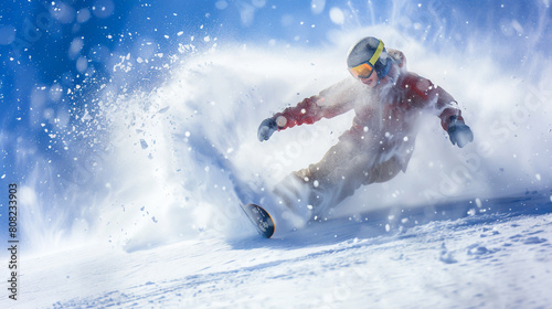 A snowboarder gracefully carves through untouched powder on a sunny winter morning.