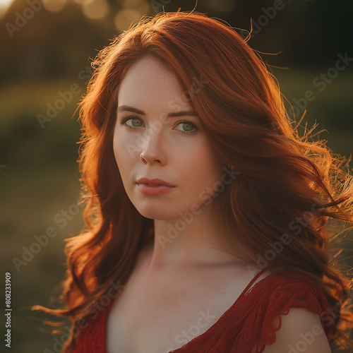 Realistic portrait of a woman with flowing auburn hair