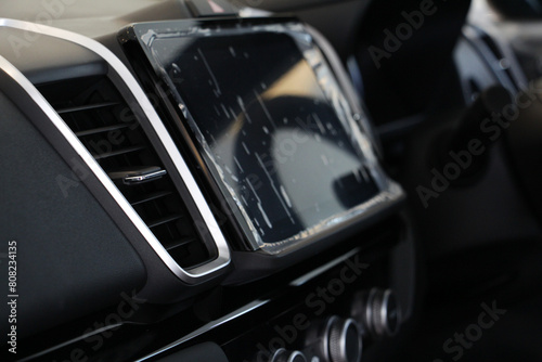 Interior of a modern car, Car Air Conditioner on console. The air flow inside the car. © setthawuth