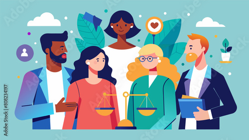 A group comprising of diverse genders complimenting each others perspectives and ideas to solve a complex legal case.. Vector illustration