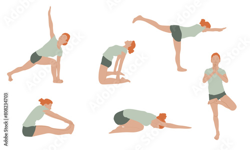 Set of character red haired woman demonstrating various yoga poses, including a balancing act, stretching, and meditation stances. Flat style collection