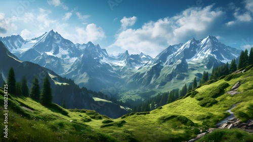 Panoramic view of alpine meadows and peaks of the Swiss Alps