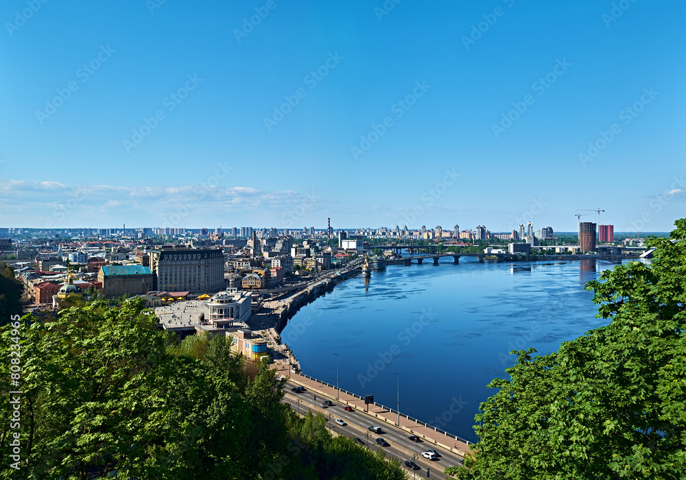 Top view of the Dnipro River and the architecture of Podol in the city of Kyiv. Postal square and river station. Urban landscape. Podol District