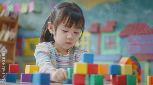 Asian Girl Playing with Blocks in Preschool: Early Childhood Education and Development
