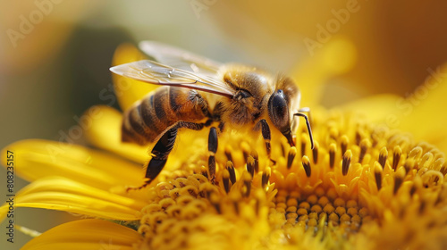 Honey bee hovering on blooming sunflower. Insect. Bloom. Bee. Honeybee. Nature. Close-up.