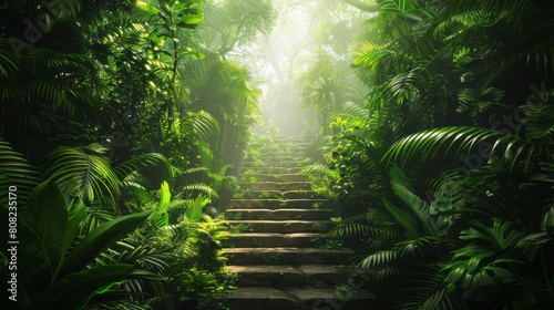 Tropical forest and stairs in the center. Forest fantasy landscape.