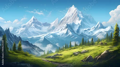 Panoramic view of the mountain range in the clouds. Vector illustration