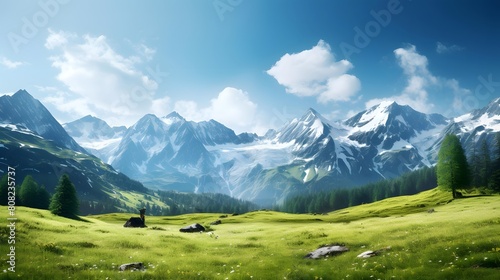 Panoramic view of beautiful alpine meadow in the mountains