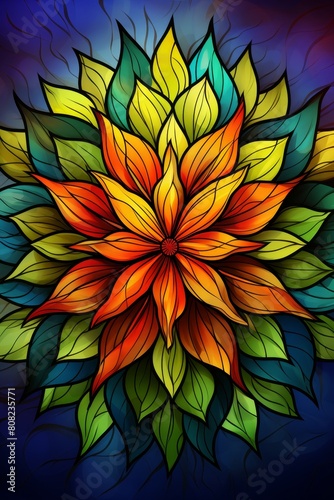 Vibrant mandala background with stained glass effect in primary colors for a mesmerizing display