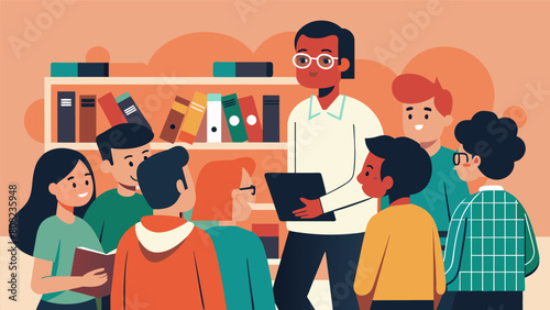 An experienced vinyl collector takes a group of mentees on a tour of their impressive collection explaining the stories and significance behind each Vector illustration
