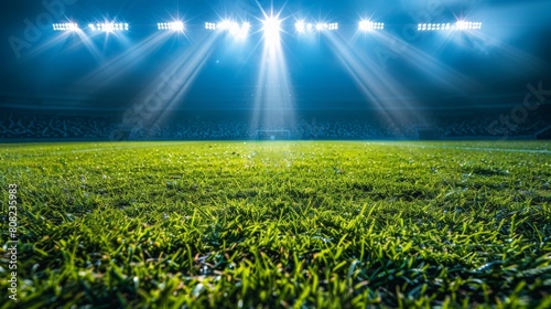 A football stadium arena with bright spotlights shining down on the green grass field, creating an inspiring background for a competition championship match.