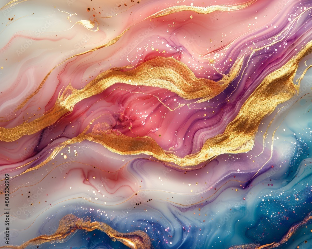 An abstract composition of swirling, colorful marble and golden glitter shine, showcasing luxurious waves of gold marble liquid for a stunning effect.