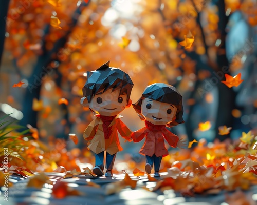 two little figurines boy girl standing leaves kids fall guys kind appearance first love cute walk cartoon