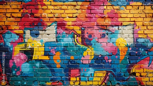 A brick wall with colorful graffiti on it. Generative AI.