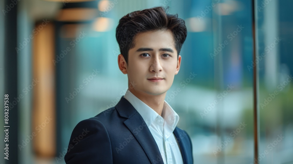 A man in a suit, gazing seriously at the camera through a glass wall A man in a suit, gazing seriously at the camera through a glass wall