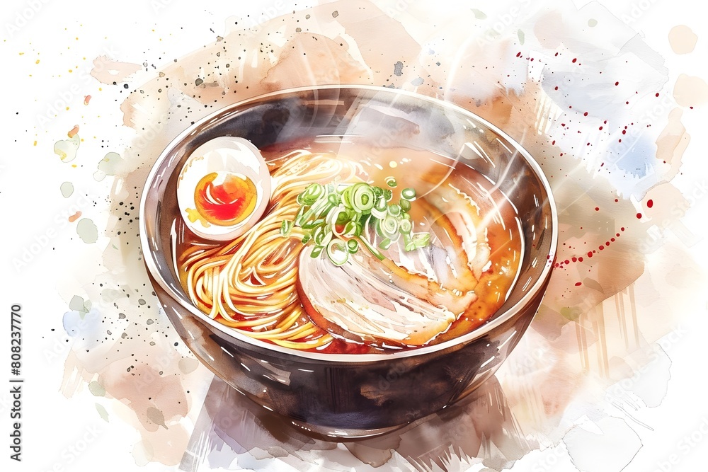 Whimsical Watercolor A Steaming Bowl of Shoyu Ramen with Exquisite Detail Whimsical Watercolor A Steaming Bowl of Shoyu Ramen with Exquisite Detail
