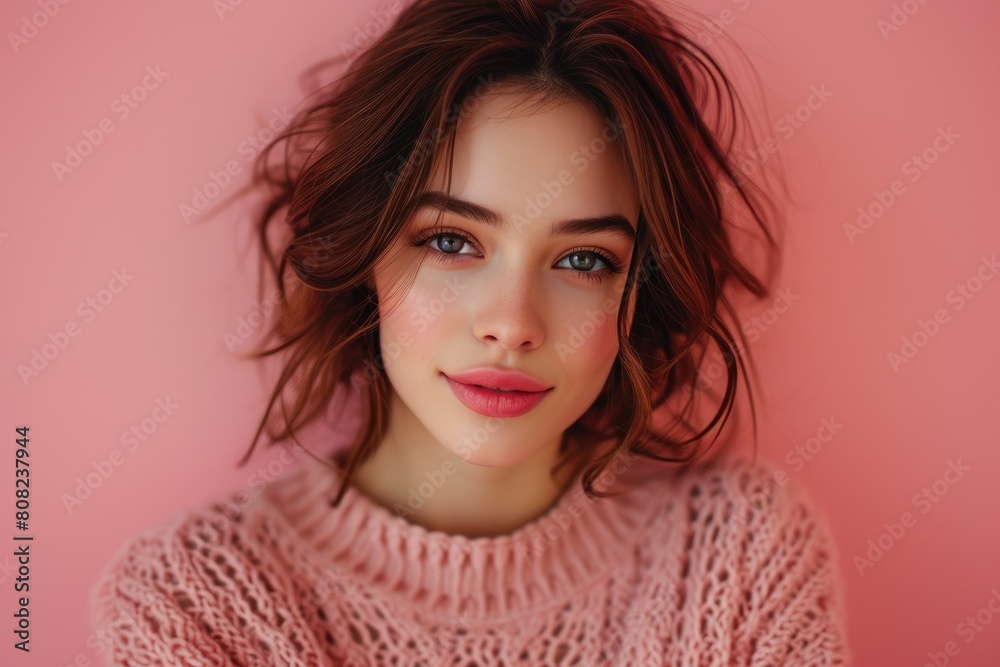 Joyful brunette woman in cozy jumper, radiating warmth against pink backdrop Joyful brunette woman in cozy jumper, radiating warmth against pink backdrop