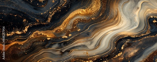 Wavy, swirling luxury gold marble liquid with rich colors and golden glitter shine, forming an abstract and elegant opulent pattern.