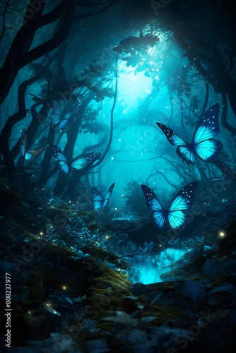 magical blue butterflies in a magical forest generative ai