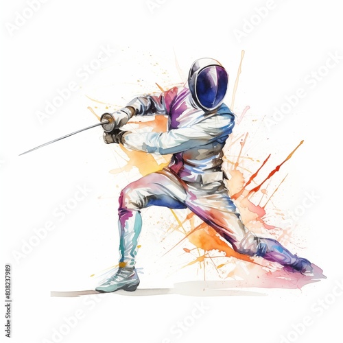 Watercolor sport illustration of badminton with colorful splashes. Badminton player.