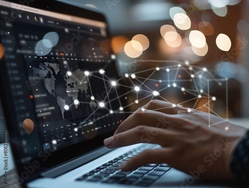 Close-up of businessman hand with laptop analysis digital display screen, analyzing investment and financial trading data